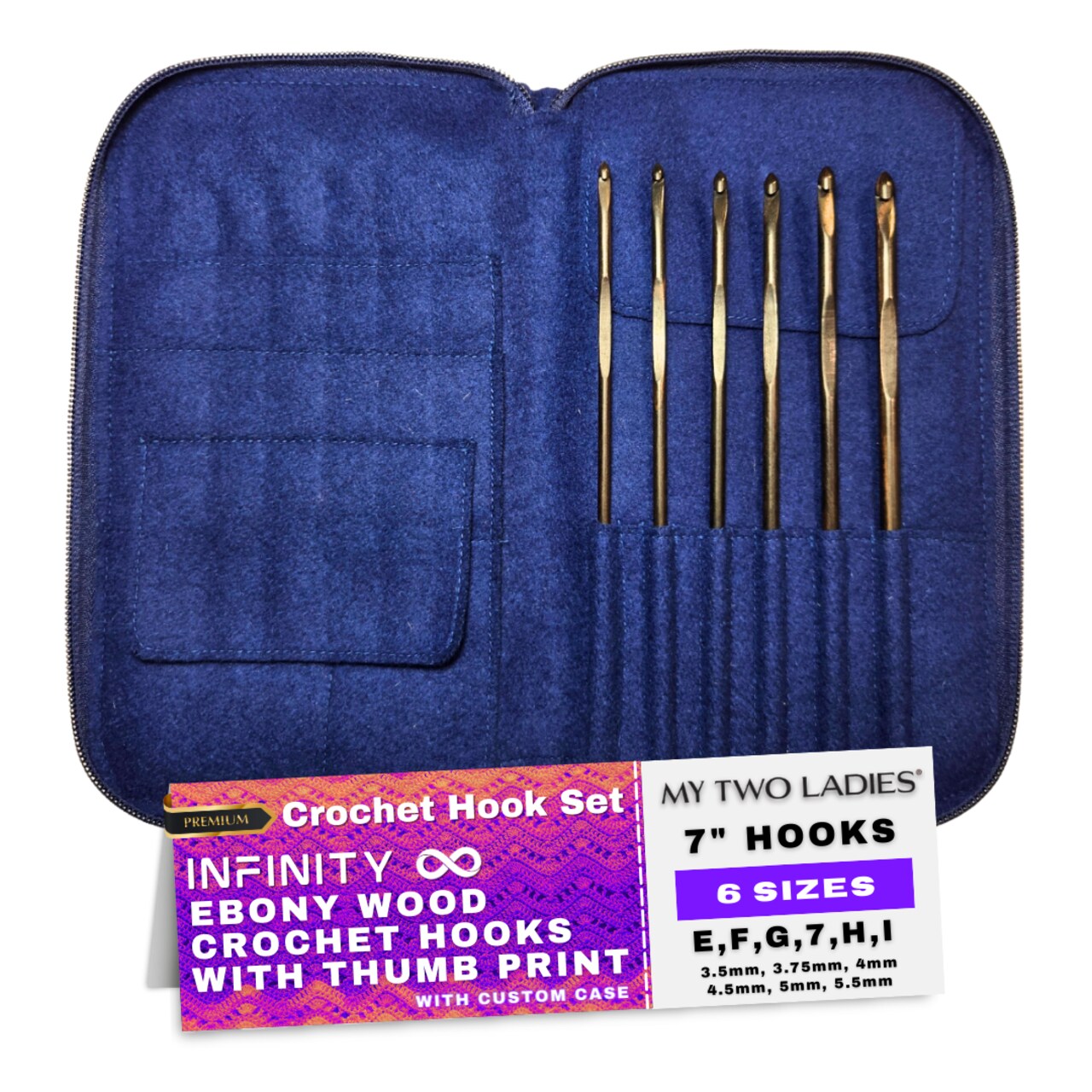 My Two Ladies | Infinity | Crochet Hook Set | Ebony | Sizes E, F, G, 7, H, I